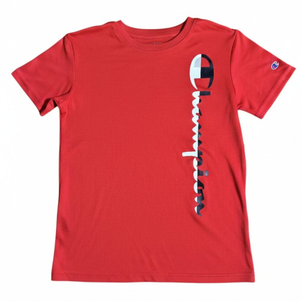 Champion Boy's Vertical Script Logo T Shirt Performance Short Sleeves Red 10/12